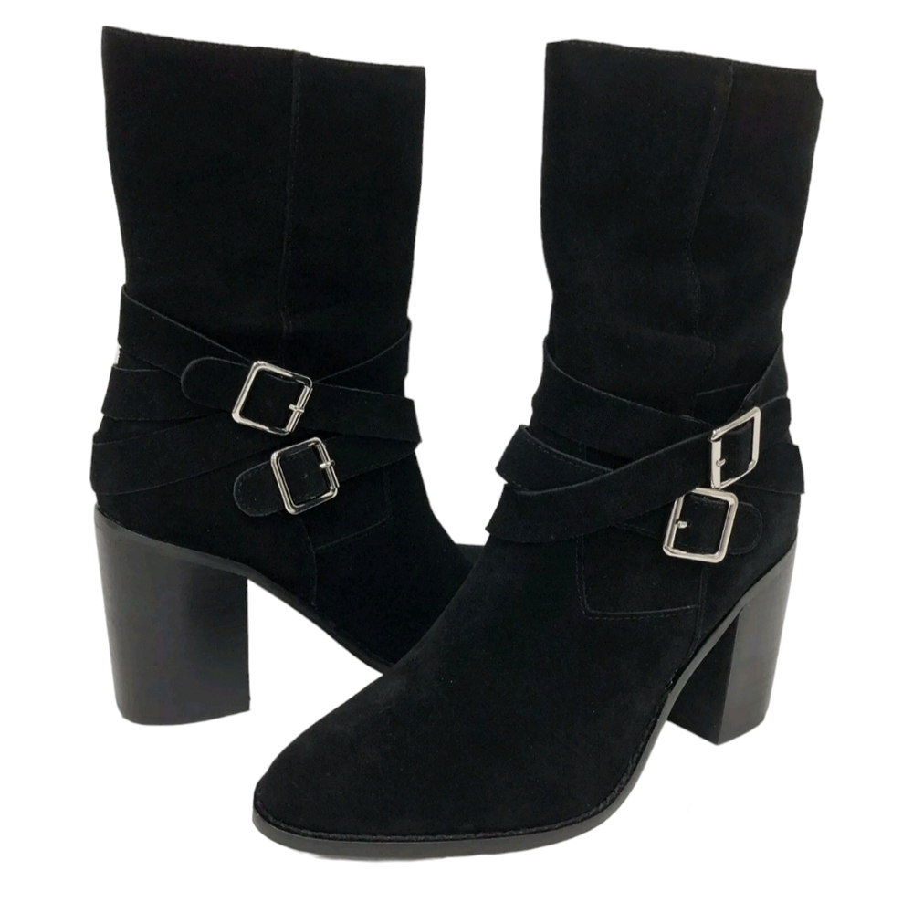 CHELSEA & VIOLET VICKI Black Suede Ankle Boots Sz 7M Buckle Side Zip Stack Heel